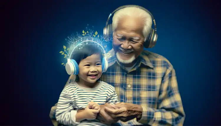 Elder and baby listening to music