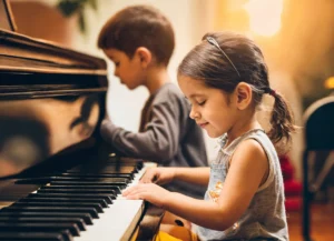 Small girl playing on piano
